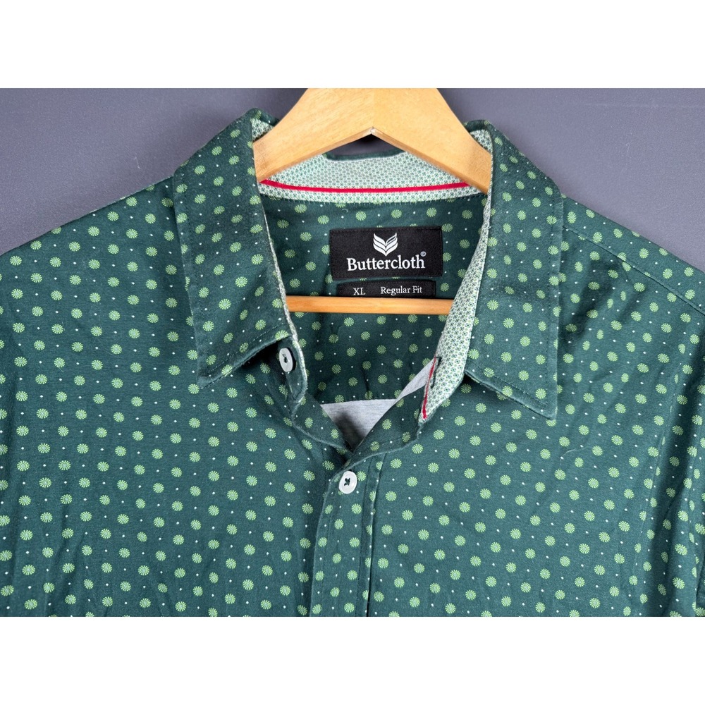 Buttercloth Mens XL Regular Fit Green Sunburst Dot Knit Cotton Button Down Shirt